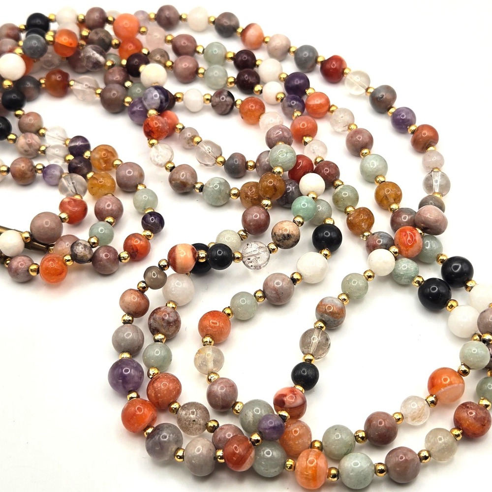 Three Vtg Multi Gemstone 8mm Bead Necklaces Gold Tone Spacers Barrel Clasp 28"‎